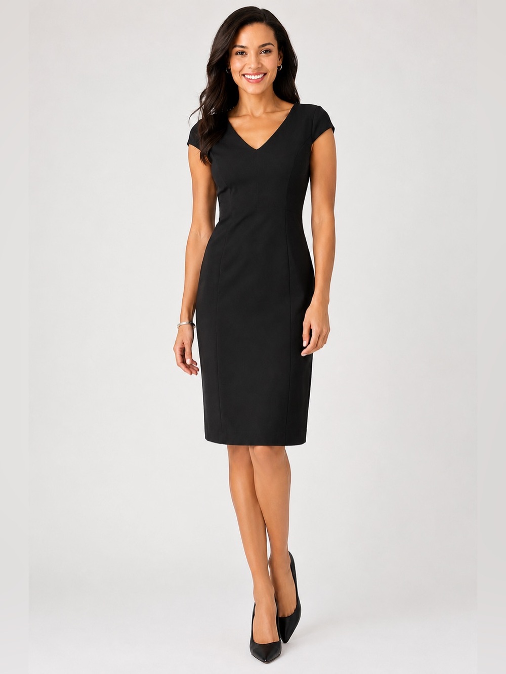 NEW $169 Talbots Petites Career Sheath Dress Black 2P Cap Sleeve Tailored V-Neck